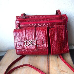 Vintage Brighton Red Faux Croc Finish Leather  Womens  Crossbody Organizer Bag